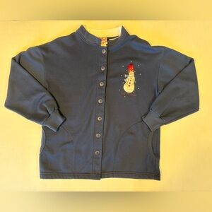 Vintage Top Stitch blue Christmas Snowman appliqué embroidered cardigan size S